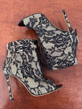 Brian Atwood Black/Cream Lace Peep-Toe Stiletto Booties